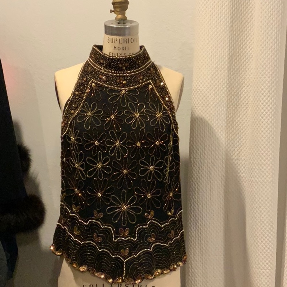 Embellished Black and Gold Halter Top
